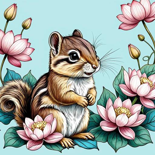 Cute Baby Chipmunk with Lotus Flowers
