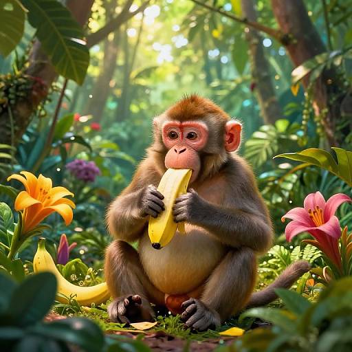 CGI image of a cute, brown-furred monkey with a pink face, sitting in a vibrant jungle, eating a yellow banana surrounded by colorful l