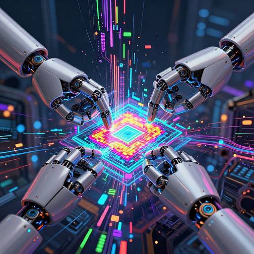 Photorealistic CGI of six silver robotic arms converging on a glowing, neon-lit, holographic square in a futuristic, cybernetic control