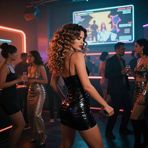 Photograph of a nightclub scene: Curly-haired woman in black, shiny mini dress dances, surrounded by stylishly dressed people, neon lights, and