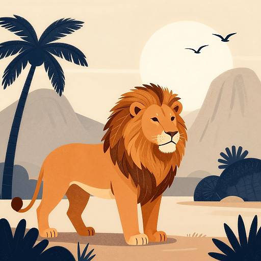 Digital illustration of a regal male lion with a dark brown mane, standing in a desert landscape with palm trees, mountains, and birds flying overhead.
