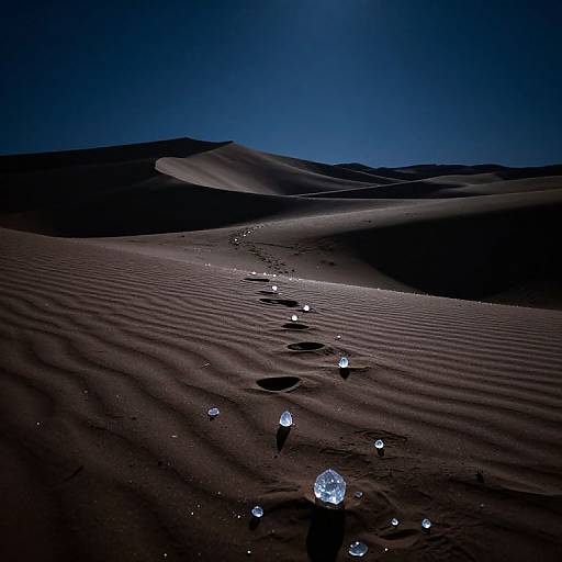 Photograph of a moonlit desert with rippled sand dunes, illuminated by a trail of glowing, spherical lights. Deep blue night sky.