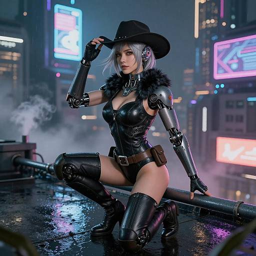 Neon Rooftop Cybernetic Bounty Hunter Woman