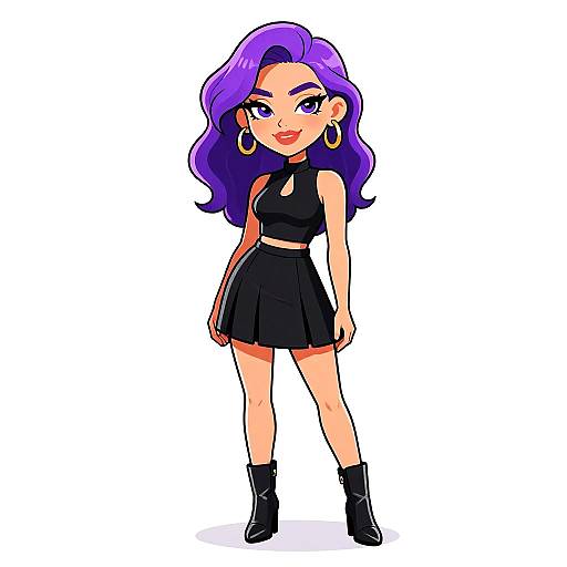 Colorful digital drawing of a confident woman with purple hair, wearing a black sleeveless crop top, pleated skirt, and ankle boots, standing against