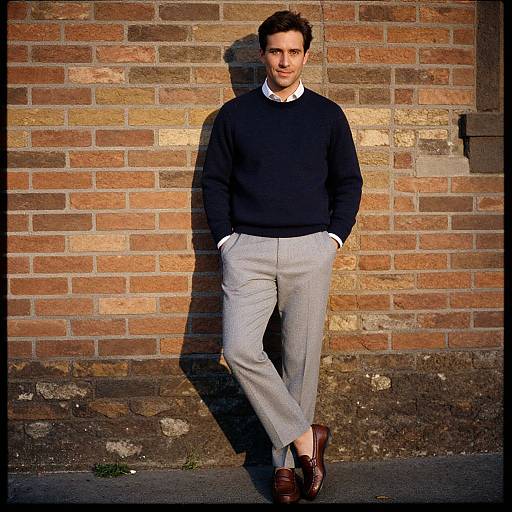 Photograph of a young man with short brown hair, wearing a black sweater, white shirt, gray pants, and brown loafers, leaning against a