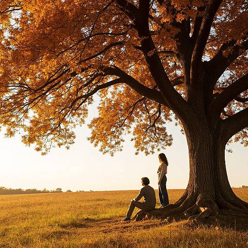 Photograph of a large, autumnal tree with orange leaves, casting a warm glow. Silhouetted couple sits at its base, another person