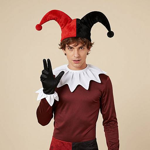 Photograph of a young man with curly brown hair, wearing a red and black jester hat, white ruffled collar, and brown sleeves, flashing