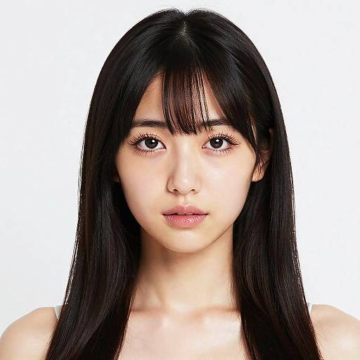 Digital portrait of an Asian woman with long black hair, bangs, and fair skin, looking straight ahead with a neutral expression. White background.