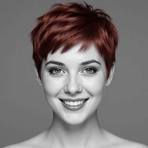 Photograph of a smiling woman with short, red hair, monochrome face, gray background, contrast between her hair and white face.