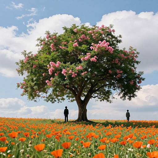 Serene Landscape with Blossoming Tree