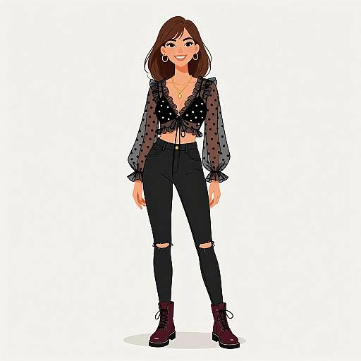 Digital illustration of a smiling woman with shoulder-length brown hair, wearing a black polka dot sheer top, black ripped jeans, and maroon boots,