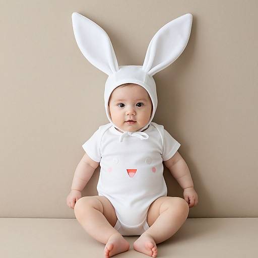 Photograph of a baby with light skin, wearing a white bunny onesie with tall ears and a small red triangle, sitting against a beige background.