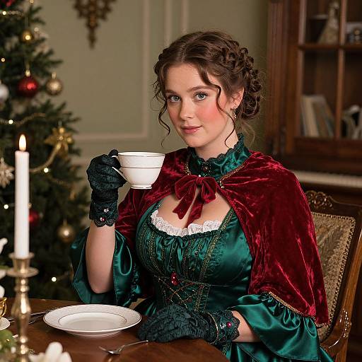 Photograph of a Victorian-style woman with green dress, red velvet cape, black lace gloves, holding teacup, Christmas tree in background.