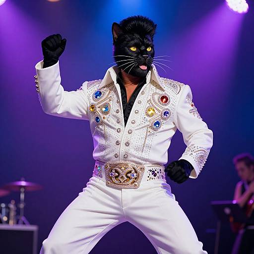 Digital artwork of a black cat in a sparkling white Elvis-style suit with colorful rhinestones, striking a dynamic pose under purple stage lights, with
