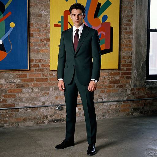 Photograph of a young, fair-skinned man with dark curly hair, wearing a black suit, white shirt, and maroon tie, standing in