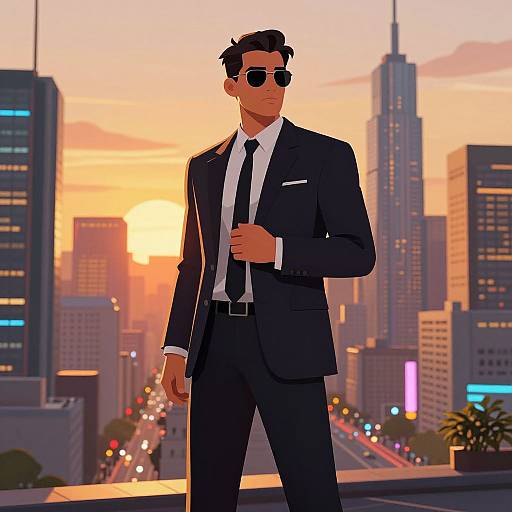 Digital art of a stylish, dark-haired man in a black suit, white shirt, black tie, and sunglasses, standing in a sunset-lit city