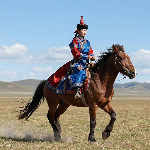 Photograph of a woman in traditional blue and red Mongolian dress, black hat, riding a brown horse in a grassy field. Clear blue sky
