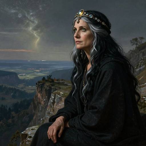 Photograph-style digital artwork of a mystical woman with long white-gray hair, wearing a black robe and jeweled headpiece, sitting on a cliff,