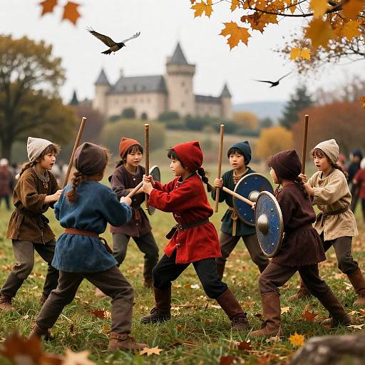 Energetic Children's Battle in Autumn