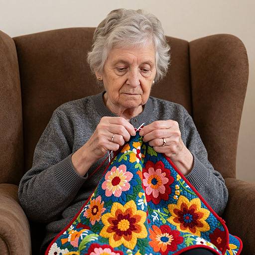 Photograph of an elderly woman with short gray hair, wearing a gray sweater, sitting in a brown armchair, sewing a vibrant floral quilt.