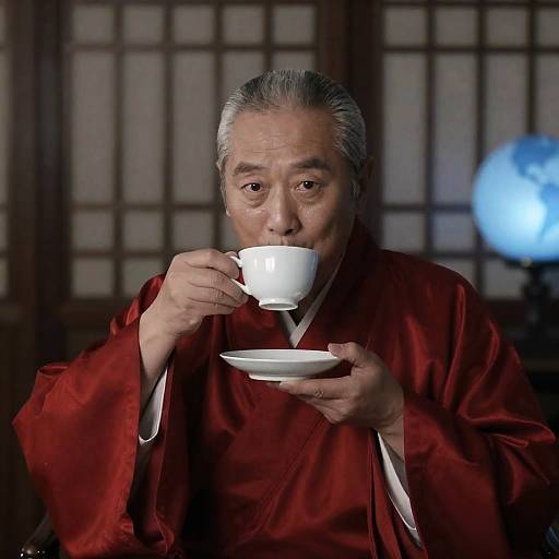 Elegant Man Sipping Tea in Dusk