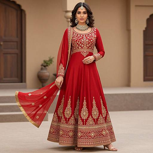 Photograph of a South Asian woman in a vibrant red traditional lehenga with gold embroidery, wearing intricate jewelry, standing outdoors against a beige building with wooden