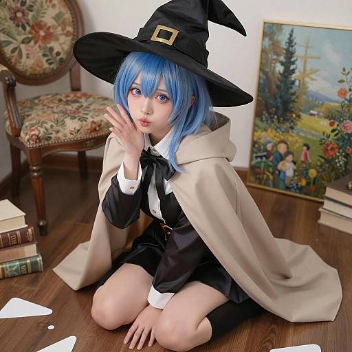 Blue-Haired Anime Witch Kneeling