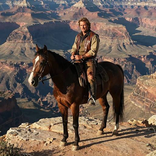 Photograph of a rugged, curly-haired man in cowboy attire, sitting on a brown horse on a Grand Canyon cliff, with expansive canyon views in the
