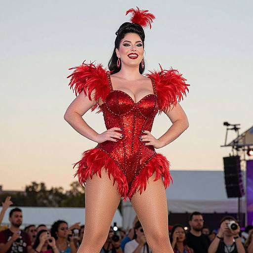 Photograph of a confident woman in a sparkling red feathered bodysuit, hands on hips, standing in front of a sunset crowd.