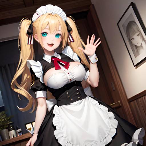 Digital anime-style drawing of a blonde maid with long twin-tails, wearing a black and white uniform, waving in a brightly lit café.