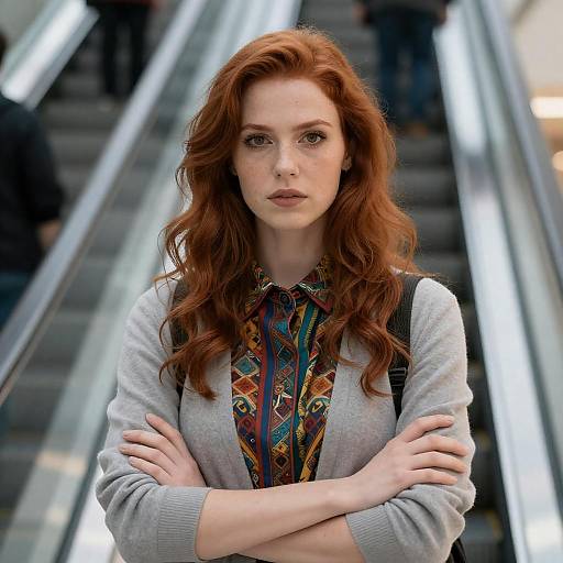 Intense Red-Haired Woman in Cardigan