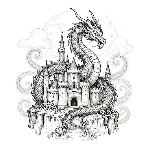 Majestic Dragon Around Towering Castle