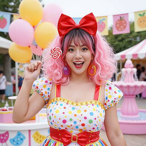 Photograph of a smiling Asian woman with pink curly hair, large red bow, polka dot dress, red belt, holding a candy cane, surrounded