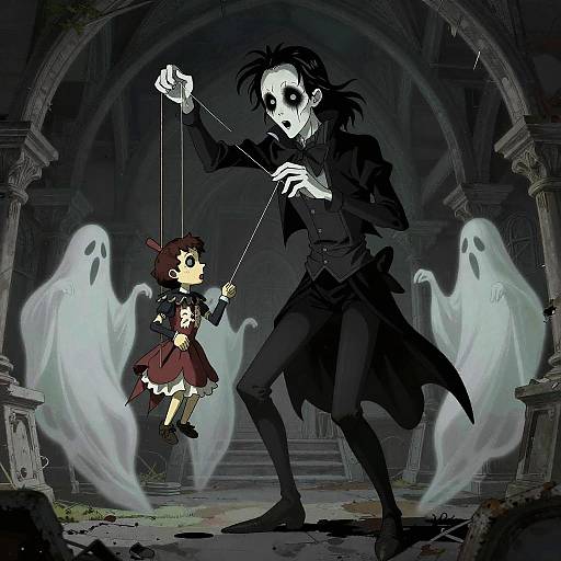 Digital anime-style illustration: Tall, black-clad, skeletal figure with white face holds string to small, red-haired girl in dark dress, surrounded by