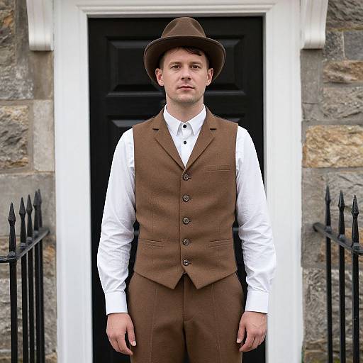 Photograph of a young Caucasian man with fair skin, wearing a brown vest, white shirt, brown trousers, and brown hat, standing in front of