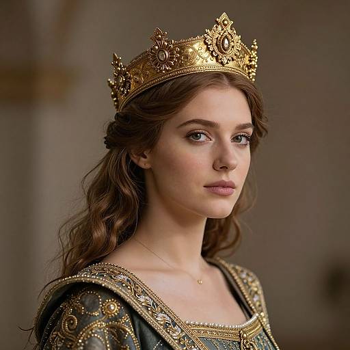 Photograph of a fair-skinned young woman with long brown hair, wearing a detailed gold crown and ornate black and gold gown, looking solemnly