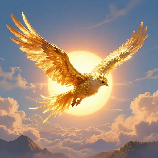 Golden phoenix with radiant wings soaring through a bright, sunlit sky with pink clouds and distant mountain peaks. Digital art.