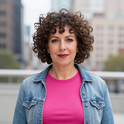 Photograph of a middle-aged woman with curly brown hair, red lipstick, wearing a pink top and blue denim jacket, standing against a blurred urban background