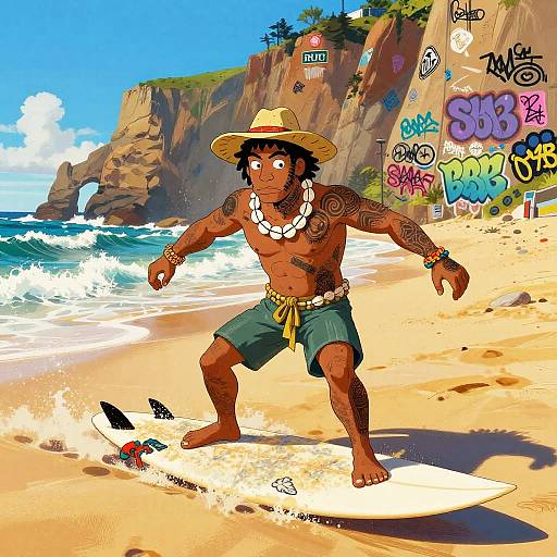 Tattooed, shirtless surfer with dark skin, wearing green shorts and a straw hat, stands on a surfboard on a sunny,