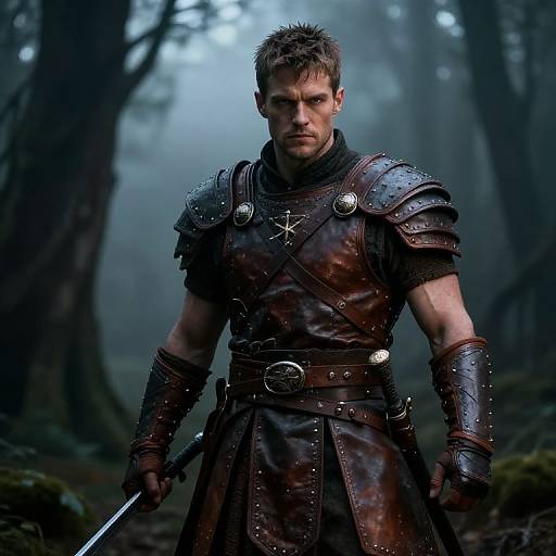 Photograph of a muscular, short-haired man in dark, blood-stained medieval armor with metal shoulder plates, standing in a misty forest holding a