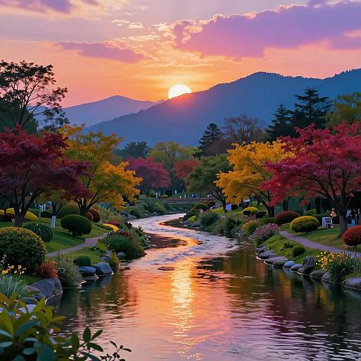 Vibrant photograph of a serene river reflecting a colorful sunset over mountains, surrounded by autumn trees with red, yellow, and green foliage.