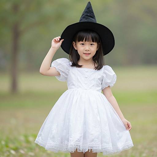 Photograph of a young Asian girl with black hair, wearing a white lace dress and black witch hat, smiling outdoors on a grassy field.