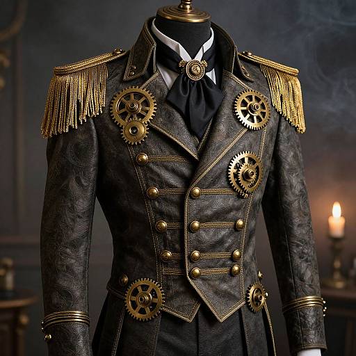 Photograph of a dark, ornate military jacket with gold epaulettes, gears, and buttons, displayed on a mannequin in a