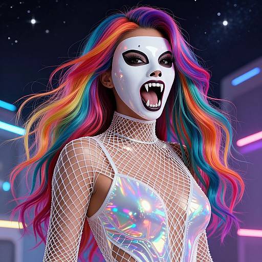 Digital artwork of a woman with rainbow hair, white mask with open mouth, white fishnet top, and iridescent bodysuit, against a