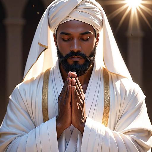 Dark-Skinned Man Praying in Traditional White Robe