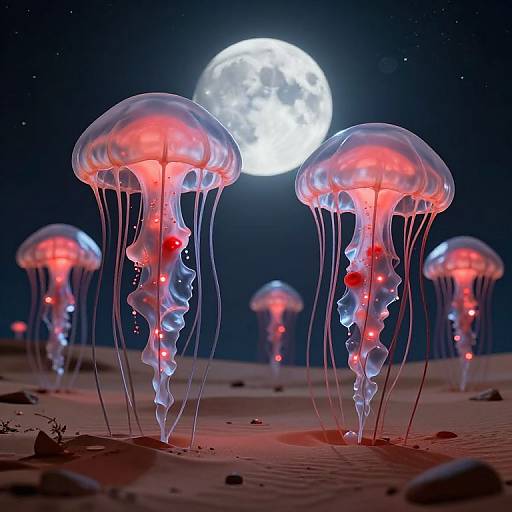 Photograph-style CGI of glowing red and blue jellyfish with translucent domes, floating against a full moonlit, starry night sky over a sandy