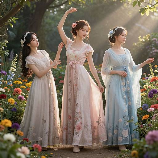 Photograph of three young women in floral, pastel dresses, standing in a sunlit, vibrant garden, dancing gracefully among colorful flowers.