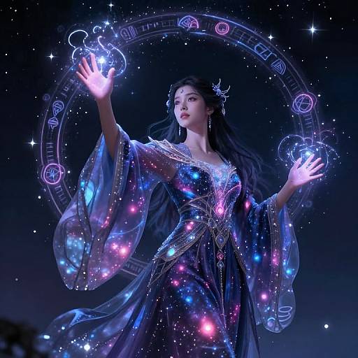 Digital art of an ethereal Asian woman in a glowing, starry dress, casting a magical circle with outstretched hands. Cosmic, celestial background
