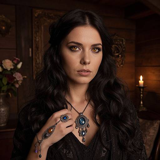 Photograph of a mysterious woman with long black hair, wearing dark attire, intricate blue and orange jewelry, and a pendant, set in a dimly
