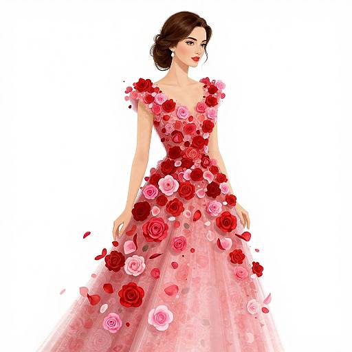Digital illustration of a fair-skinned woman with red lipstick, brown hair in an updo, wearing a pink, rose-adorned ball gown with